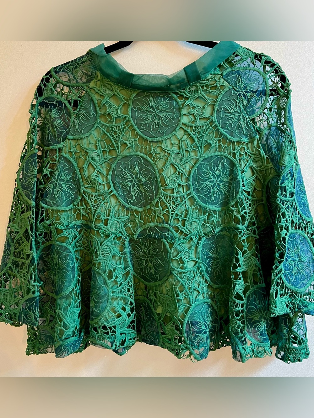 MISSLOOK Emerald Green Lace BoatNeck Long sleeve Top A Line Bow Swingy MED - Picture 8 of 15